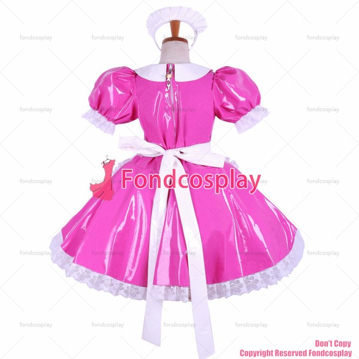 fondcosplay adult sexy cross dressing sissy maid lockable hot pink thin PVC Dress vinyl Peter pan collar CD/TV[G1623]