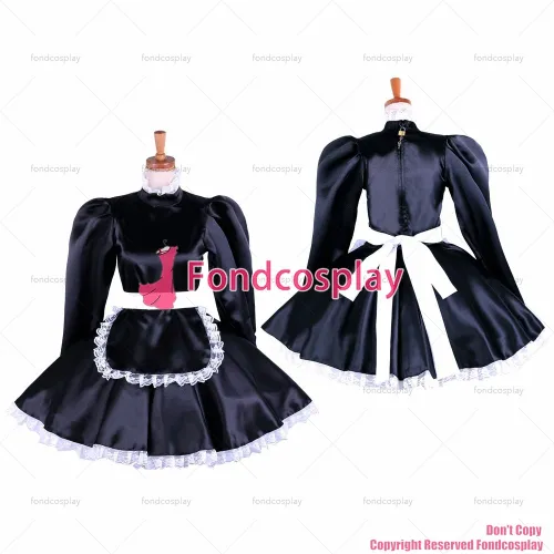 fondcosplay adult sexy cross dressing sissy maid short lockable black satin dress Uniform apron costume CD/TV[G1621]