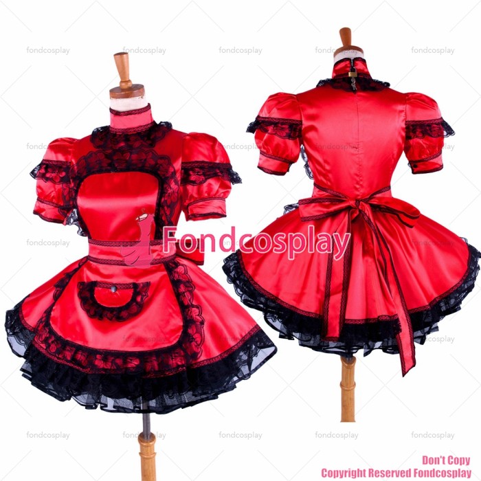 fondcosplay adult sexy cross dressing sissy maid short lockable red Satin dress Uniform apron costume CD/TV[G1587]