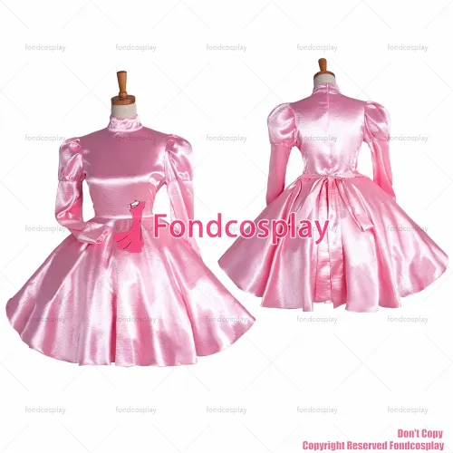 fondcosplay adult sexy cross dressing sissy maid short baby pink satin dress lockable Uniform CD/TV[G1122]