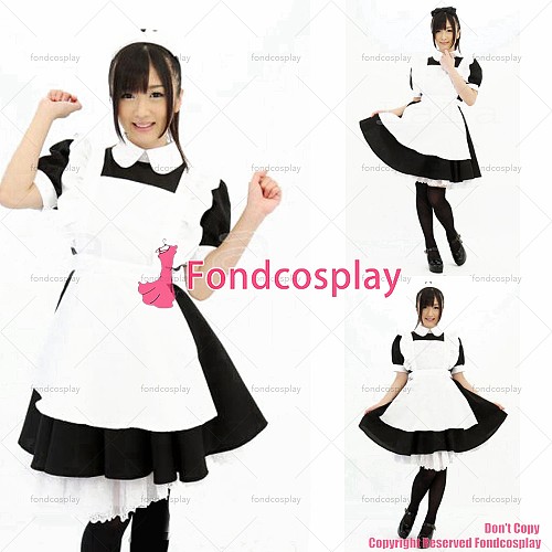 fondcosplay adult sexy cross dressing sissy maid short black Cotton Dress Uniform white apron Costume CD/TV[G1254]