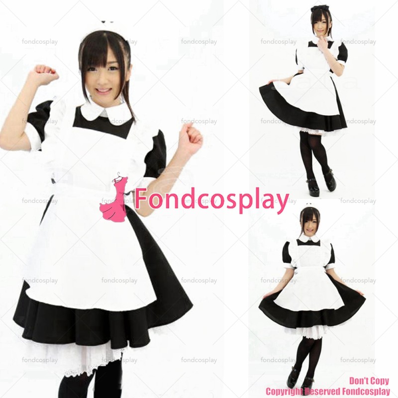 fondcosplay adult sexy cross dressing sissy maid short black Cotton Dress Uniform white apron Costume CD/TV[G1254]