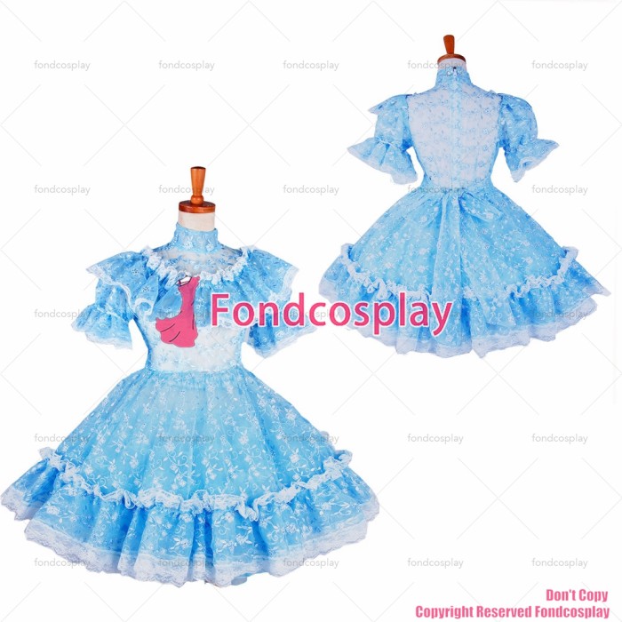 fondcosplay adult sexy cross dressing sissy maid short Blue Lace Organza Lockable Uniform Dress Costume CD/TV[G1391]