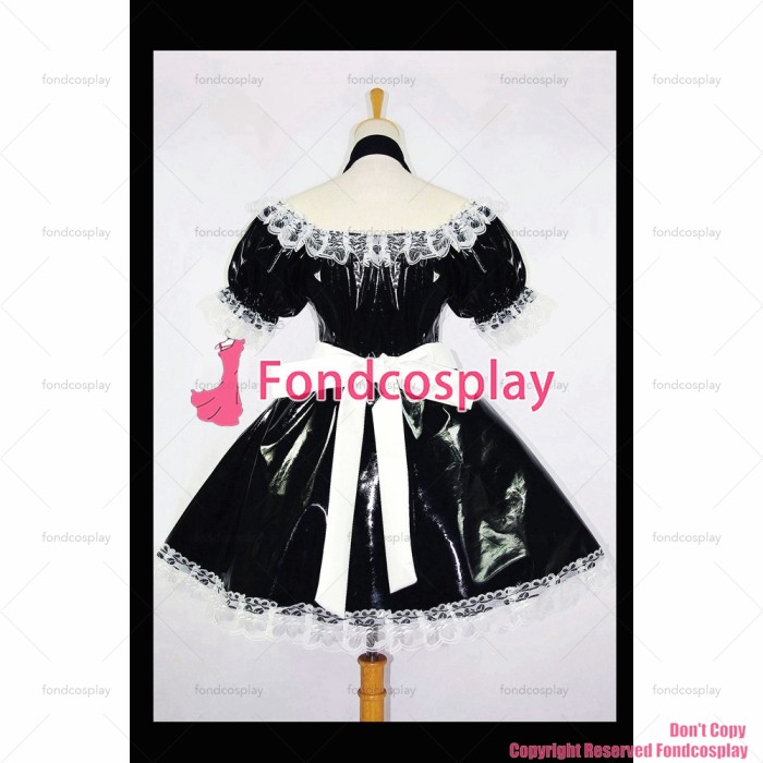 fondcosplay adult sexy cross dressing sissy maid short black heavy PVC lockable Dress vinyl white apron Uniform CD/TV[G118]
