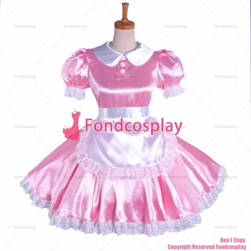 fondcosplay adult sexy cross dressing sissy maid short Satin baby Pink Dress Lockable Uniform white apron CD/TV[G1085]
