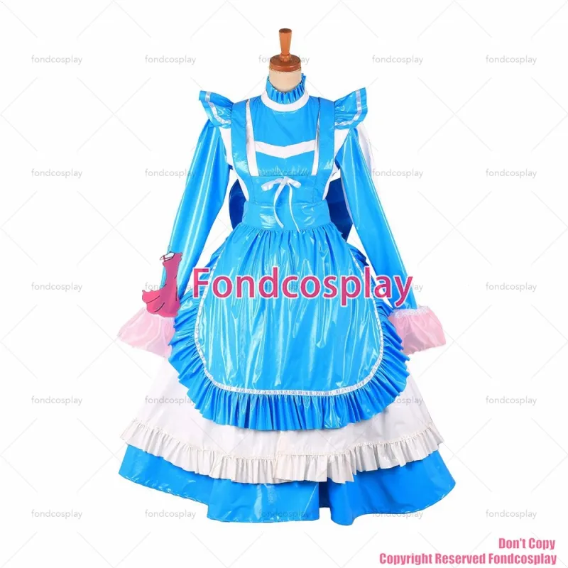 fondcosplay adult sexy cross dressing sissy maid long lockable blue thin PVC Dress maid vinyl Uniform apron CD/TV [G1622]