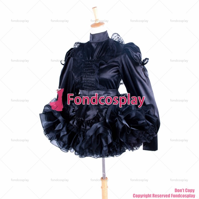 fondcosplay adult sexy cross dressing sissy maid short Lockable Uniform Black Satin lace Dress apron Costume CD/TV[G1363]