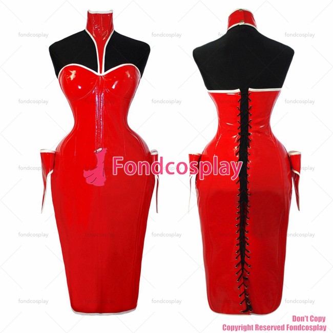 fondcosplay adult sexy cross dressing sissy maid red heavy pvc Corset Dress Gothic Silk Uniform Custom-made CD/TV[G1067]