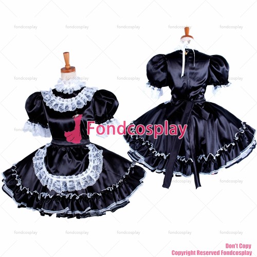 fondcosplay adult sexy cross dressing sissy maid short lockable black Satin dress Uniform apron costume CD/TV[G1576]