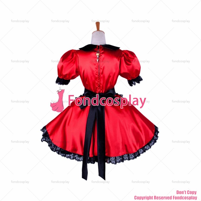 fondcosplay adult sexy cross dressing sissy maid short lockable red Satin Dress Uniform black apron costume CD/TV[G1362]
