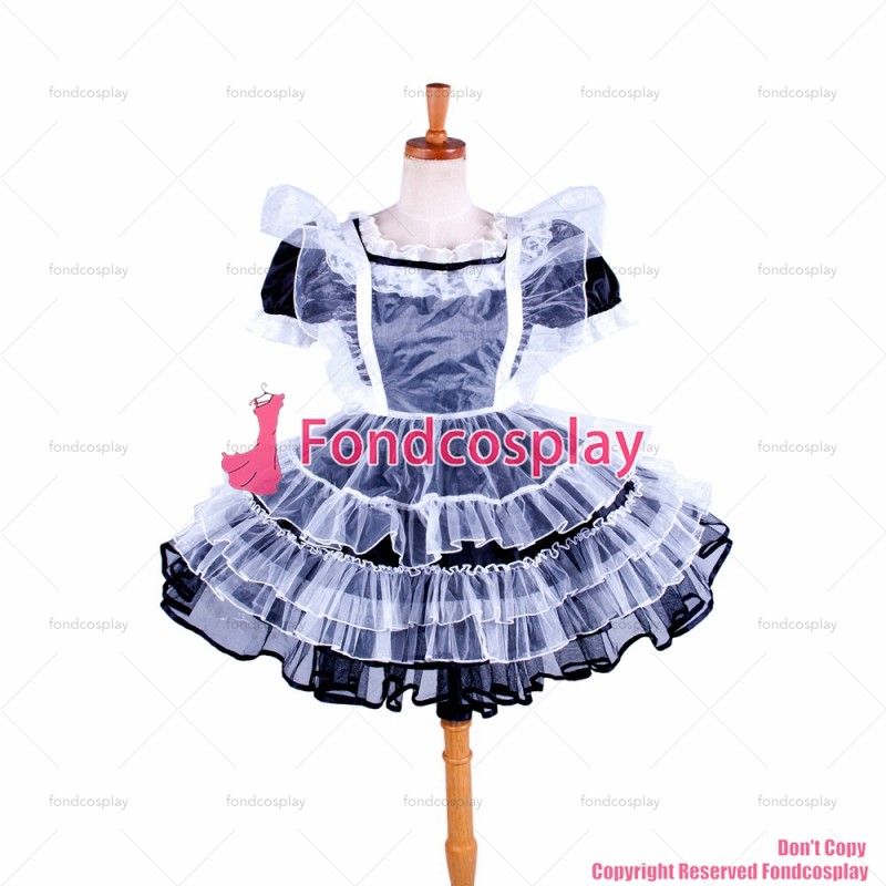 fondcosplay adult sexy cross dressing sissy maid short lockable black Satin Organza dress Uniform apron CD/TV[G1589]