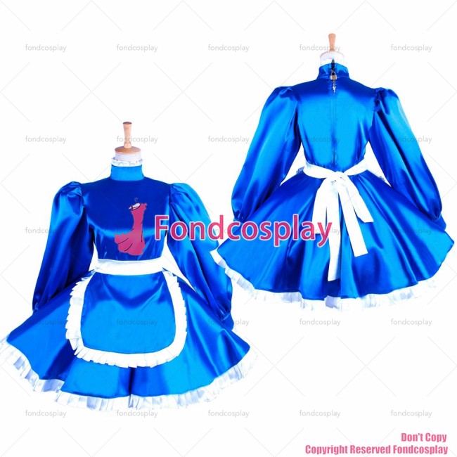 fondcosplay adult sexy cross dressing sissy maid short lockable blue Satin dress apron Uniform costume CD/TV[G1551]