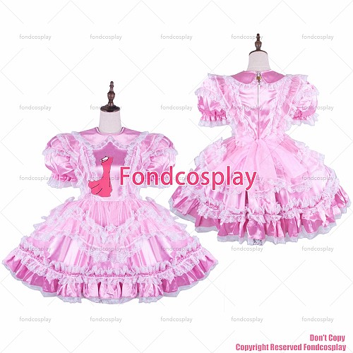 fondcosplay adult sexy cross dressing sissy maid lockable baby pink Satin dress Uniform Peter Pan collar CD/TV[G1580]