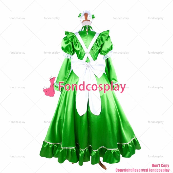 fondcosplay adult sexy cross dressing sissy maid long green satin dress lockable Uniform cosplay costume CD/TV[G1483]