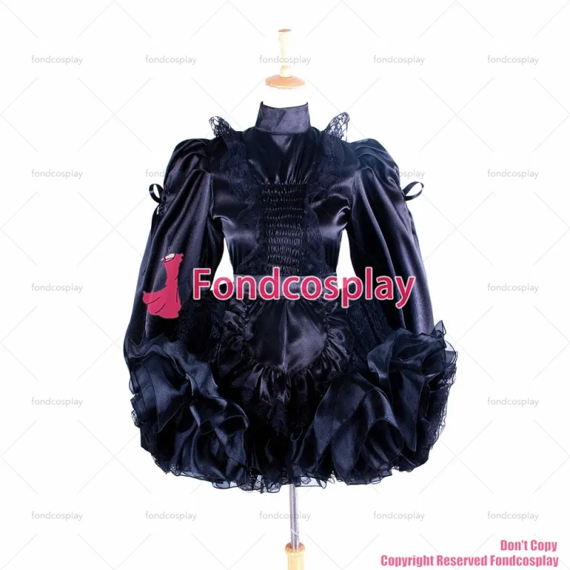 fondcosplay adult sexy cross dressing sissy maid short Lockable Uniform Black Satin lace Dress apron Costume CD/TV[G1363]