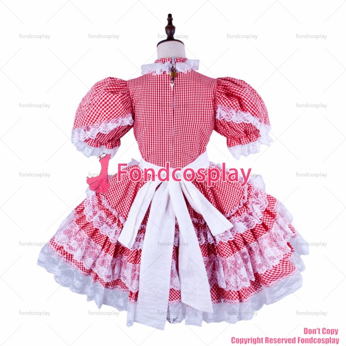 fondcosplay adult sexy cross dressing sissy maid short lockable red Cotton dress Uniform apron costume CD/TV[G1579]