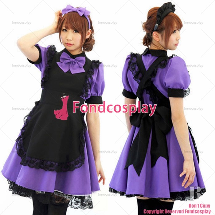 fondcosplay adult sexy cross dressing sissy maid short Purple Cotton Dress Uniform black apron Costume CD/TV[G1253]