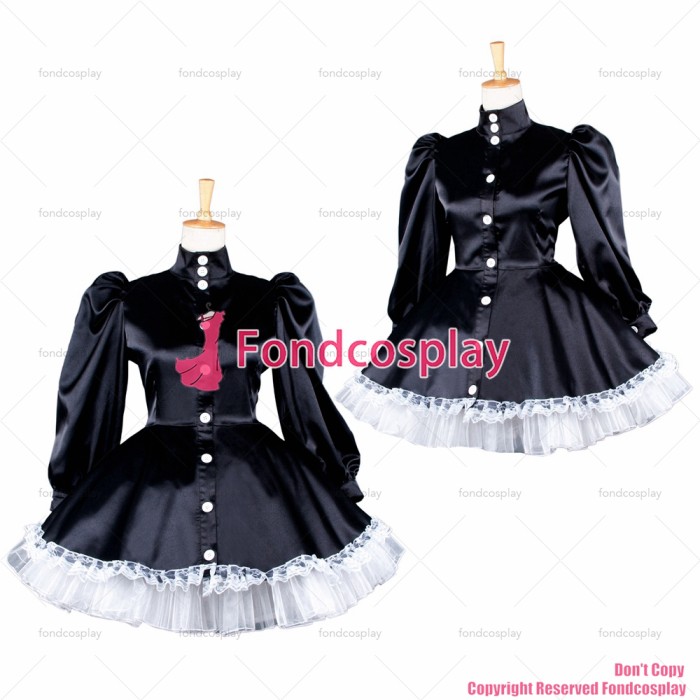 fondcosplay adult sexy cross dressing sissy maid short black Satin Buttons dress Uniform cosplay costume CD/TV[G1584]