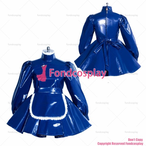 fondcosplay adult sexy cross dressing sissy maid short Dress Lockable Uniform Blue thin Pvc Dress apron CD/TV[G1332]