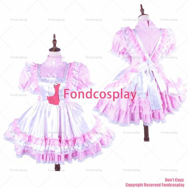 fondcosplay adult sexy cross dressing sissy maid short white satin apron pink cotton dress uniform CD/TV[G1490]