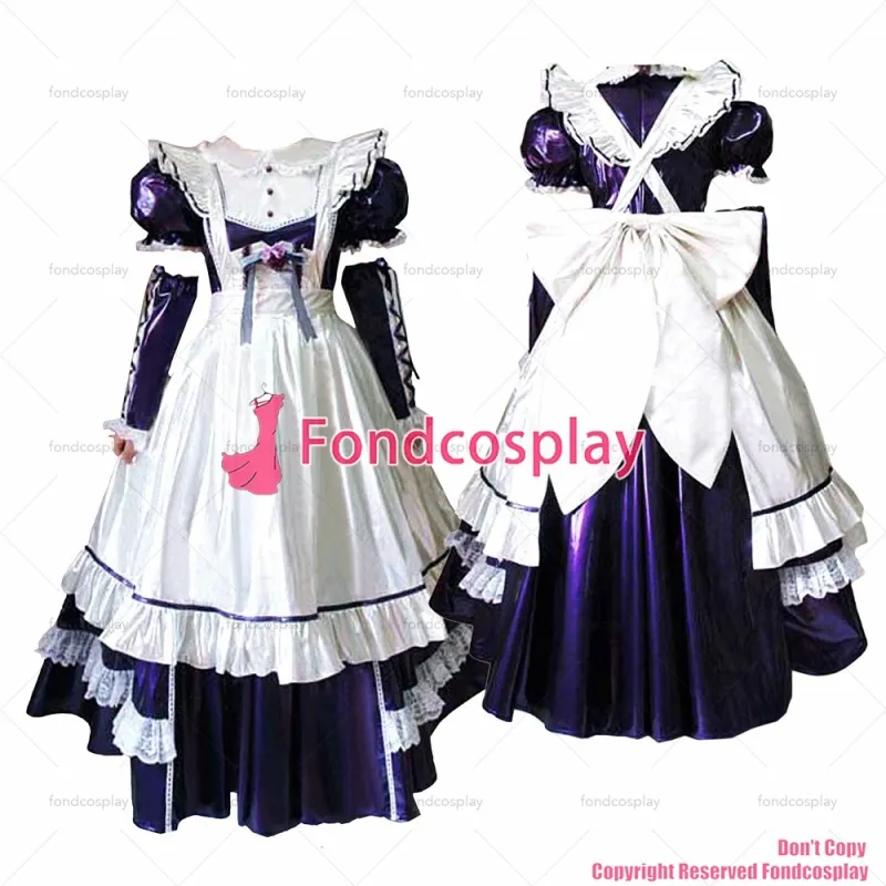 fondcosplay adult cross dressing sissy maid long lockable Purple thin PVC Dress vinyl Uniform white apron CD/TV[G1633]