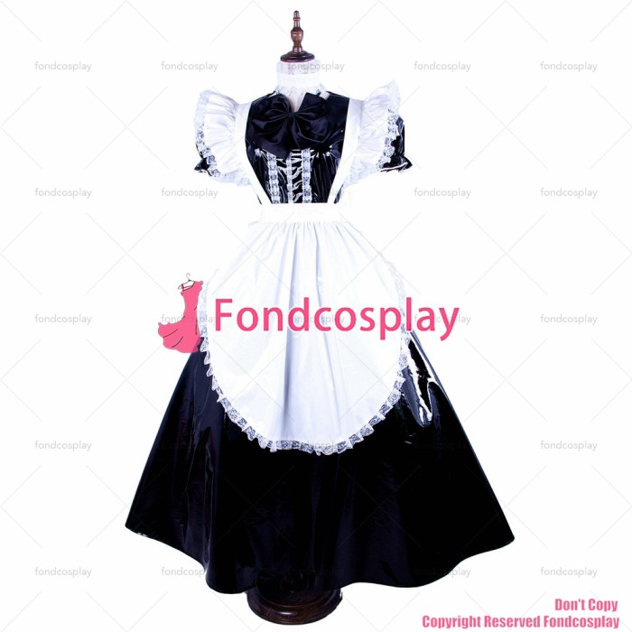 fondcosplay adult sexy cross dressing sissy maid long lockable black thin PVC dress Uniform white apron CD/TV[G1593]