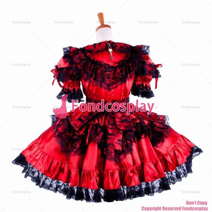 fondcosplay adult sexy cross dressing sissy maid short lockable red Satin dress Uniform costume CD/TV[G1590]
