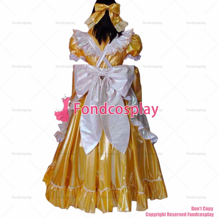 fondcosplay adult sexy cross dressing sissy maid lockable yellow thin PVC Dress vinyl white apron Uniform CD/TV[G1639]