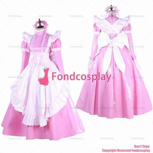 fondcosplay adult sexy cross dressing sissy maid lockable thin PVC dress pink Uniform white apron costume CD/TV[G1649]