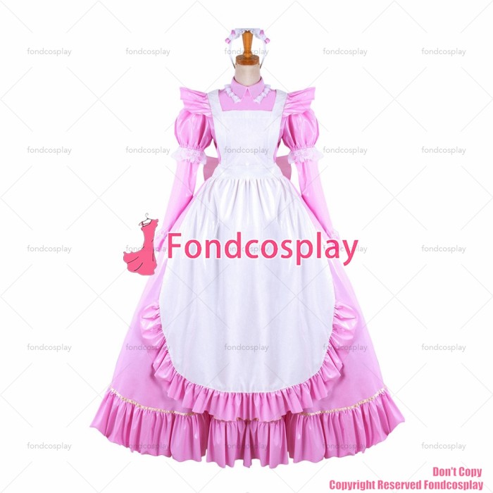 fondcosplay adult sexy cross dressing sissy maid long pink thin PVC lockable Dress vinyl white apron Uniform CD/TV[G1481]