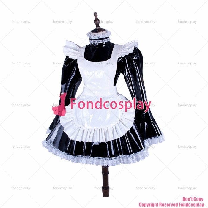 fondcosplay adult sexy cross dressing sissy maid short heavy PVC lockable Dress vinyl white apron Uniform CD/TV[G1486]