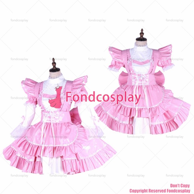 fondcosplay adult sexy cross dressing sissy maid short lockable baby pink thin PVC dress Uniform apron CD/TV[G1650]