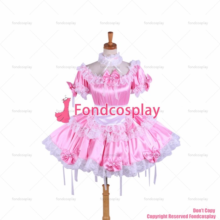 fondcosplay adult sexy cross dressing sissy maid short lockable pink satin dress Uniform white apron costume CD/TV[G1620]