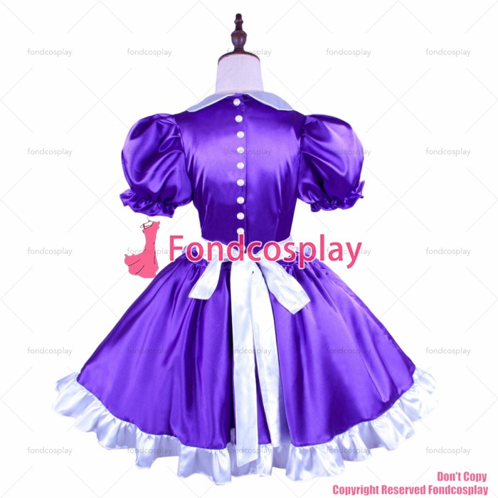cross dressing sissy maid Purple Satin dress with Pearl buttons uniform white apron Peter pan collar CD/TV[G1493]