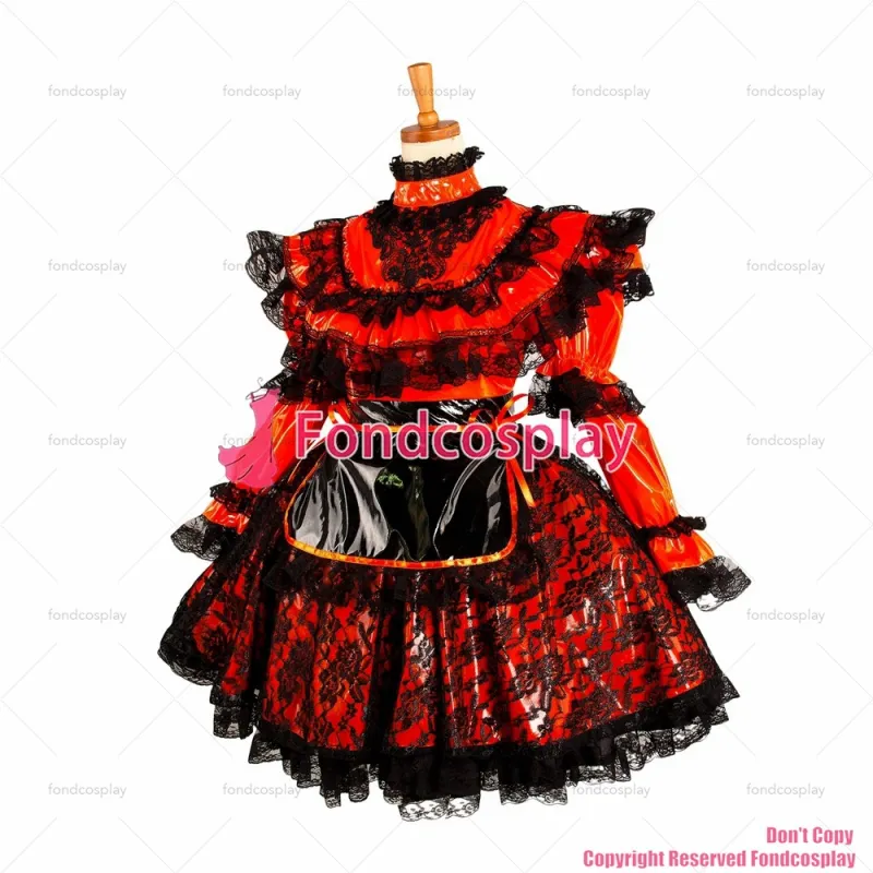 fondcosplay adult sexy cross dressing sissy maid short Lockable Dress red thin Pvc Uniform cosplay costume CD/TV[G1071]