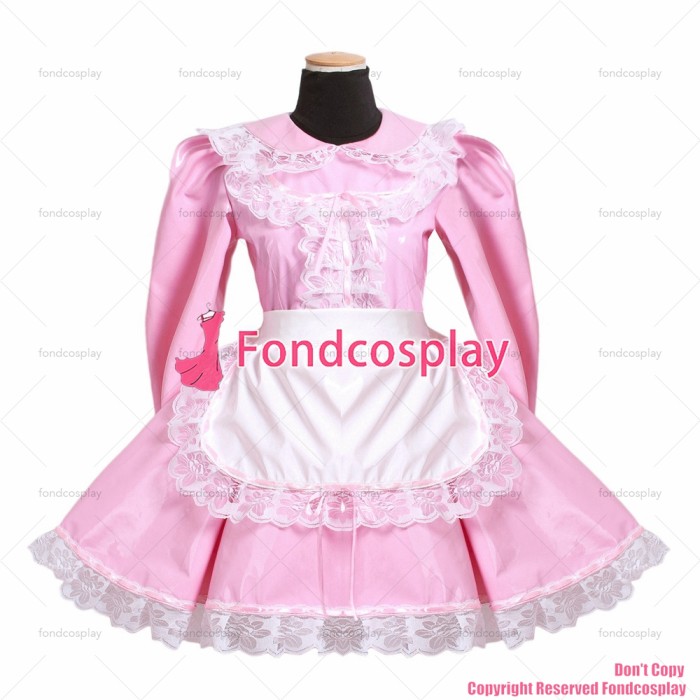 fondcosplay adult sexy cross dressing sissy maid lockable baby pink heavy PVC dress Uniform white apron CD/TV[G1568]