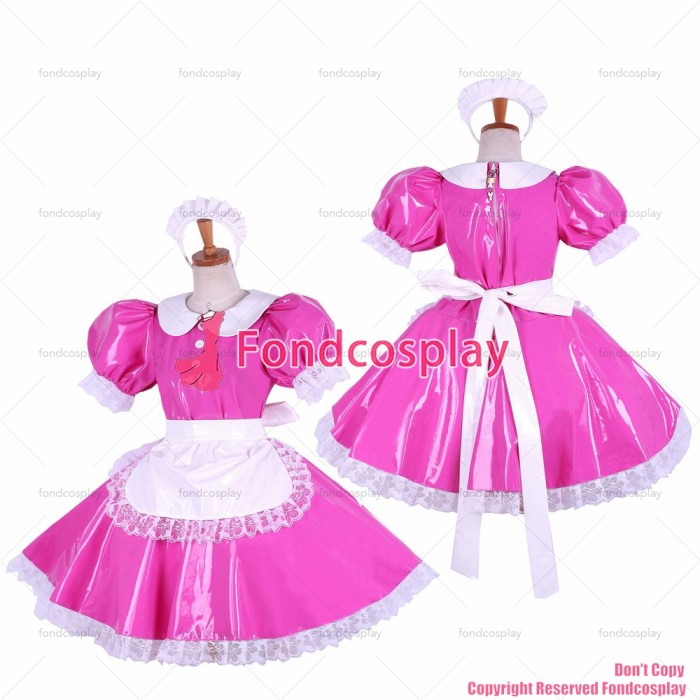 fondcosplay adult sexy cross dressing sissy maid lockable hot pink thin PVC Dress vinyl Peter pan collar CD/TV[G1623]