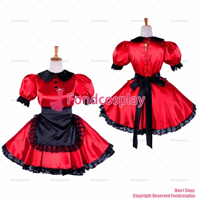 fondcosplay adult sexy cross dressing sissy maid short lockable red Satin Dress Uniform black apron costume CD/TV[G1362]