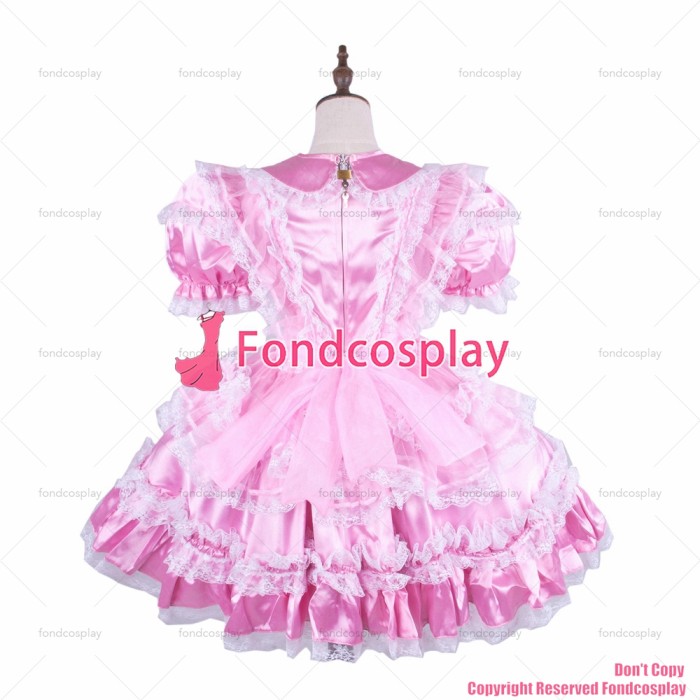 fondcosplay adult sexy cross dressing sissy maid lockable baby pink Satin dress Uniform Peter Pan collar CD/TV[G1580]