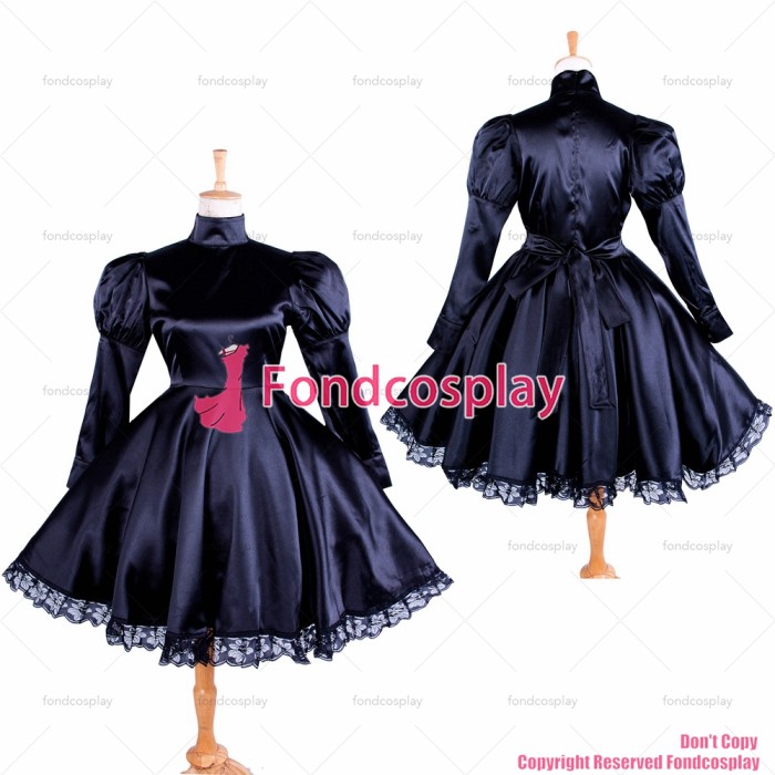 fondcosplay adult sexy cross dressing sissy maid short lockable black Satin Dress Uniform costume CD/TV[G1364]