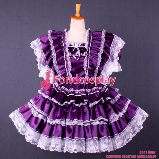 fondcosplay adult sexy cross dressing sissy maid short lockable Purple Satin dress Uniform cosplay costume CD/TV[G1583]