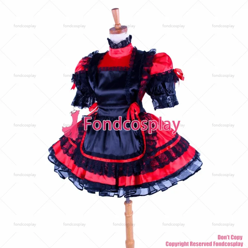 fondcosplay adult sexy cross dressing sissy maid short lockable red Satin dress Uniform black apron CD/TV[G1588]