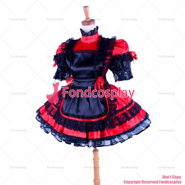 fondcosplay adult sexy cross dressing sissy maid short lockable red Satin dress Uniform black apron CD/TV[G1588]