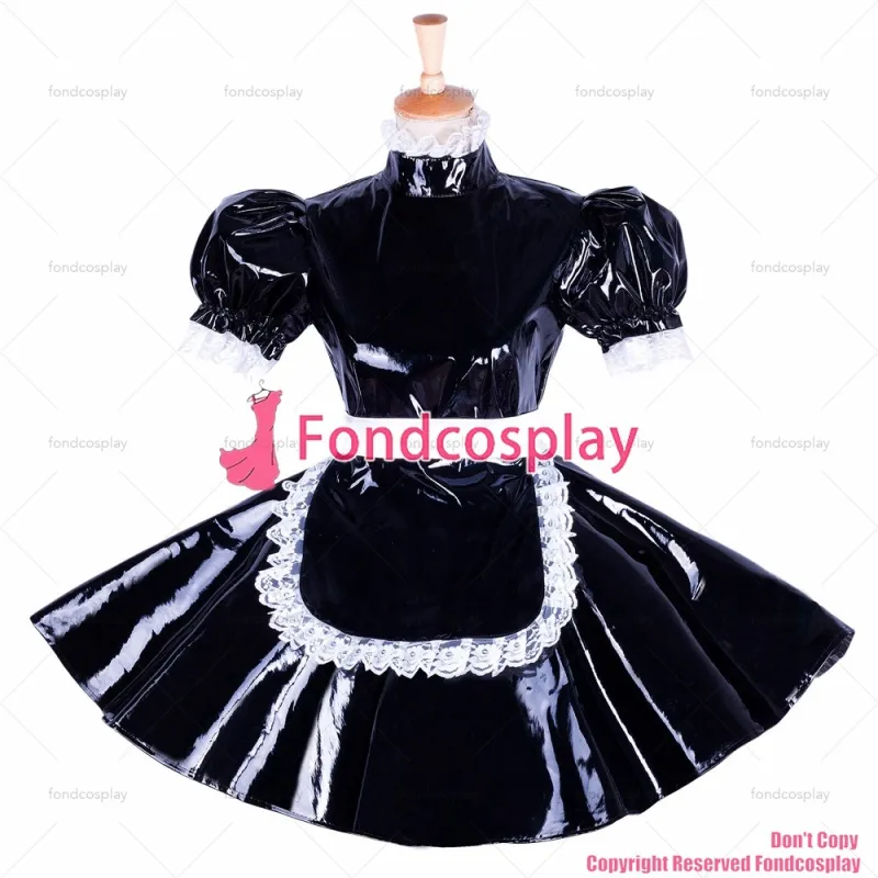 fondcosplay adult sexy cross dressing sissy maid short lockable black heavy PVC dress Uniform apron costume CD/TV[G1654]