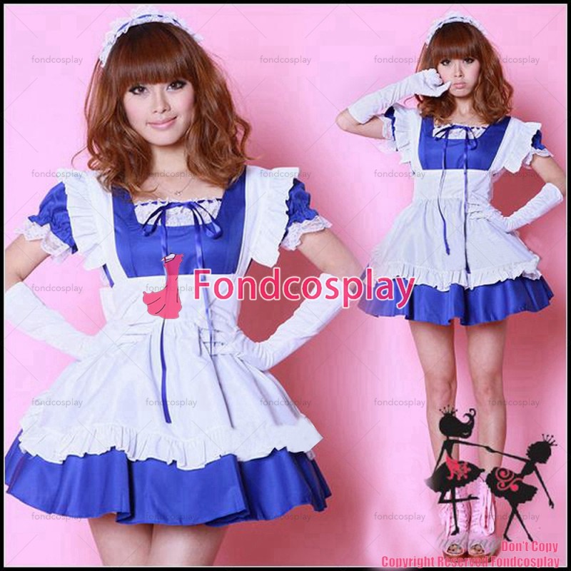 fondcosplay adult sexy cross dressing sissy maid short lockable blue cotton dress uniform white apron costume CD/TV[G1614]