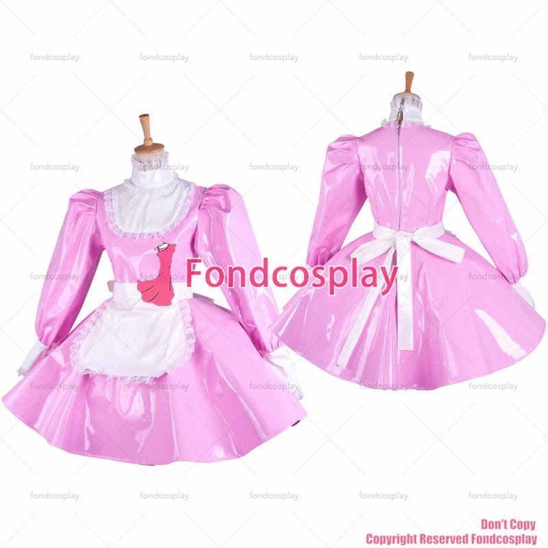fondcosplay adult sexy cross dressing sissy maid pink heavy PVC lockable dress vinyl Uniform white apron CD/TV[G1545]