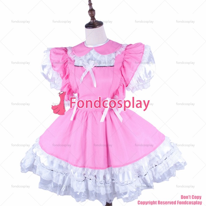 fondcosplay adult sexy cross dressing sissy maid short lockable white Satin pink Chiffon dress Uniform apron CD/TV[G1598]