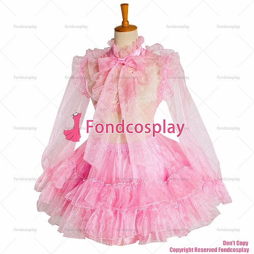 fondcosplay adult sexy cross dressing sissy maid baby pink Organza Lockable Uniform Dress Cosplay Costume CD/TV[G1049]