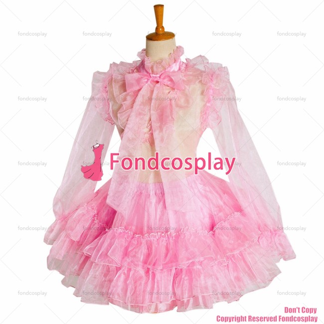 fondcosplay adult sexy cross dressing sissy maid baby pink Organza Lockable Uniform Dress Cosplay Costume CD/TV[G1049]