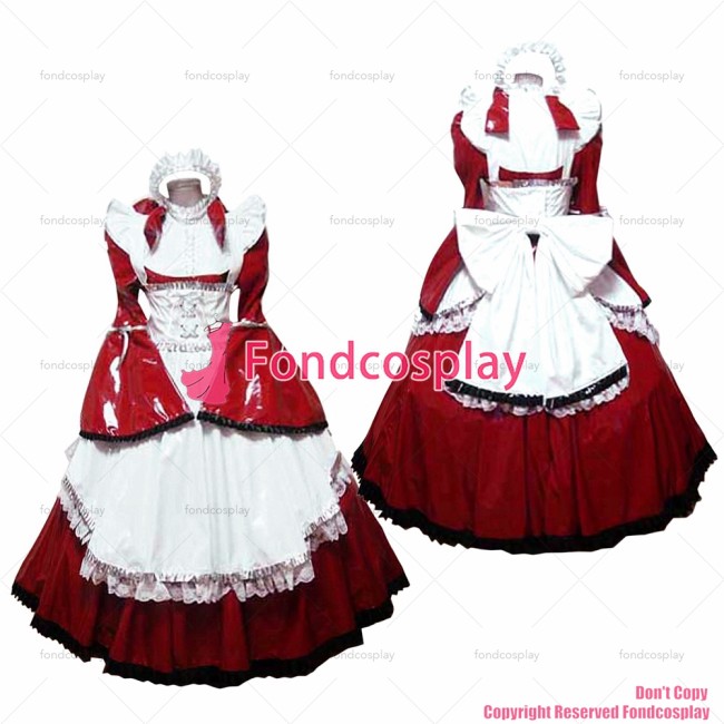 fondcosplay adult sexy cross dressing sissy maid long lockable red thin PVC Dress vinyl Uniform white apron CD/TV[G1638]